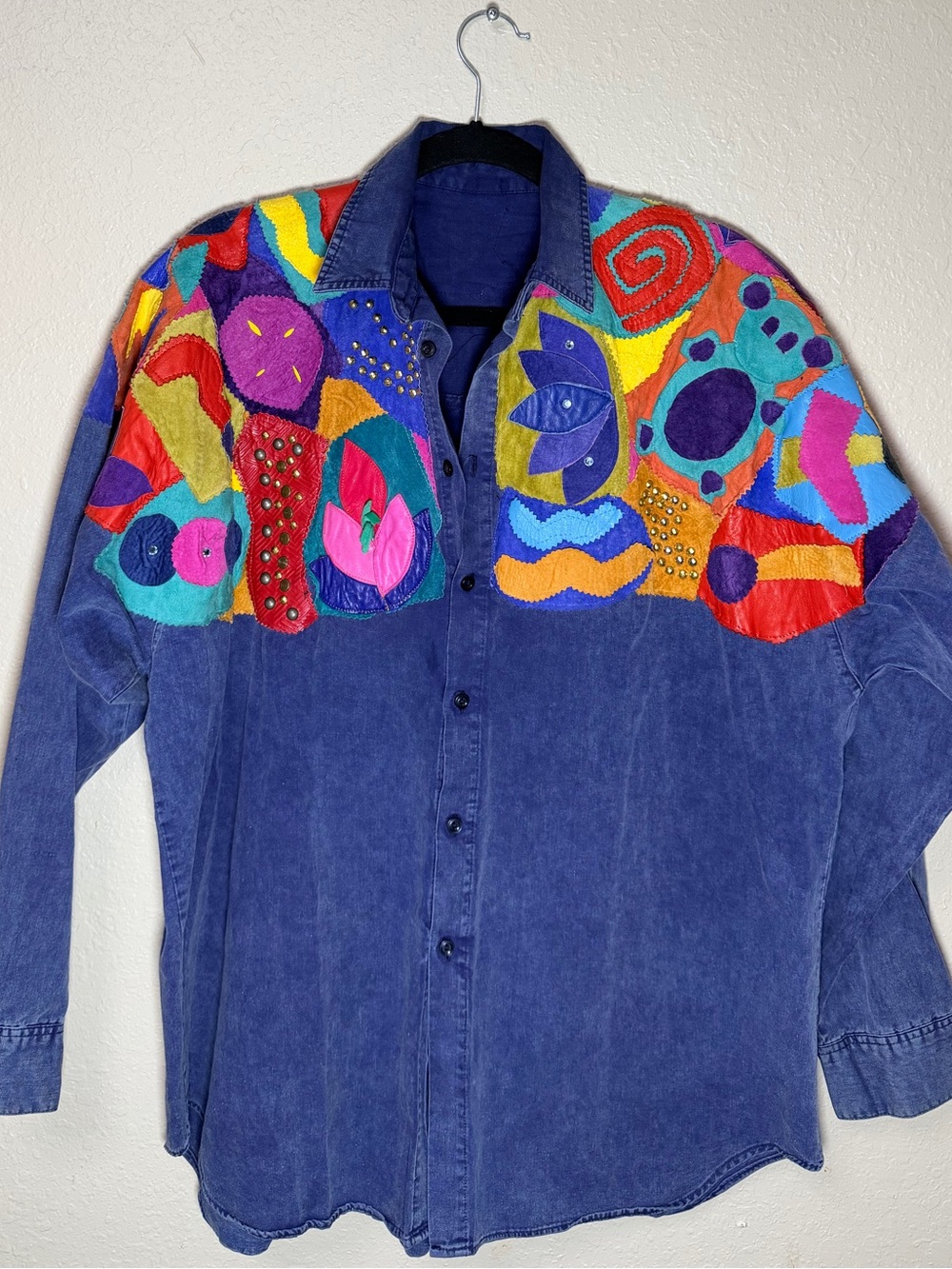 Vintage Purple Denim-Style Button-Down with Multicolor Appliqué